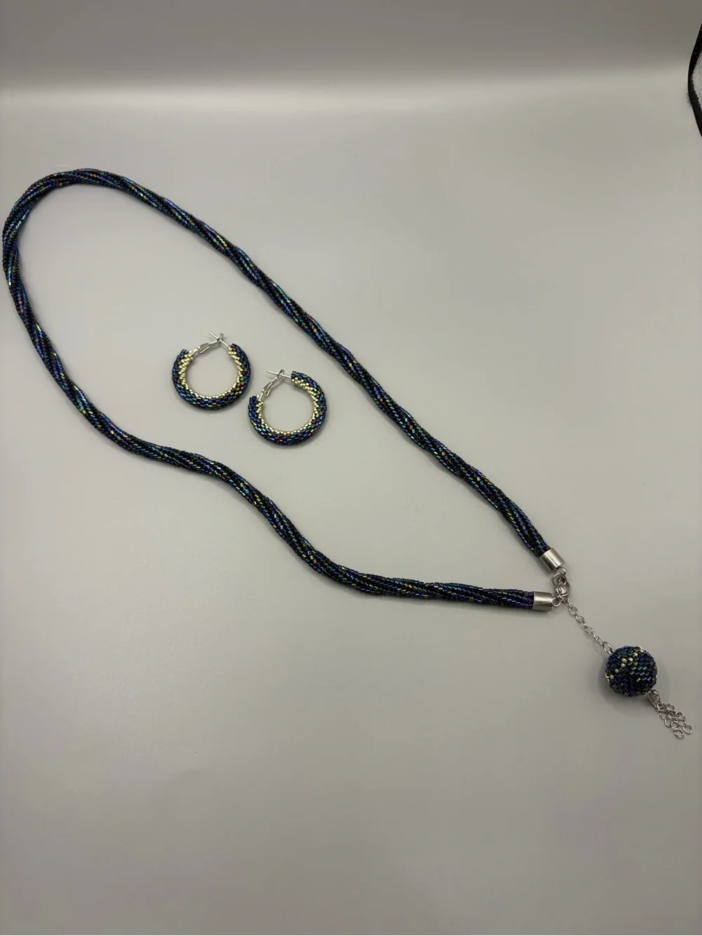 Twisted Beaded Navy Necklace with Matching Hoop Earrings